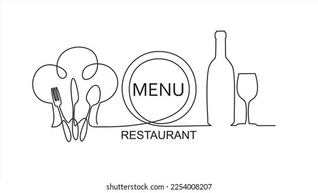 Un dibujo de una sola línea de sombrero de chef, plato, tenedor, cuchillo, botella de vino y vidrio para la ilustración del vector del restaurante. Elegante concepto de placa de café. Se puede utilizar para el esbozo del restaurante de menú.