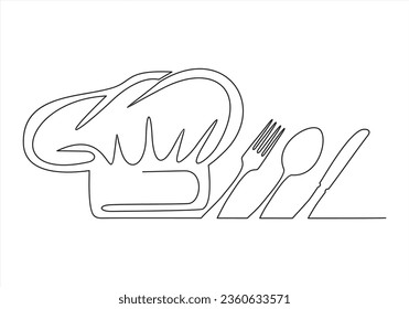 One single line drawing of chef hat or cap with fork, spoon and knife for restaurant vector graphic illustration. Elegant cafe badge concept. Modern continuous line draw design street food logotype