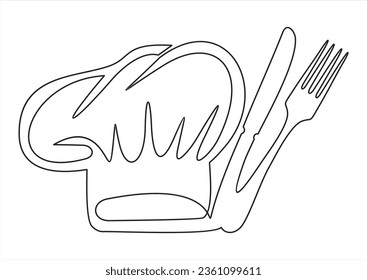 One single line drawing of chef hat or cap with fork and spoon for restaurant vector graphic illustration. Elegant cafe badge concept. Modern continuous line draw design street food logotype
