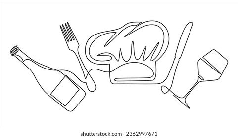 One single line drawing of chef hat or cap with fork and spoon for restaurant vector graphic illustration. Elegant cafe badge concept. Modern continuous line draw design street food logotype