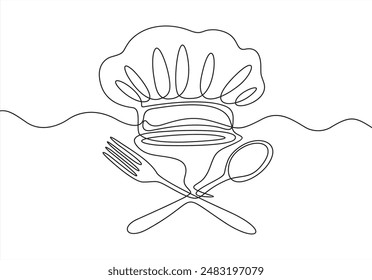 One single line drawing of chef hat or cap with fork and spoon for restaurant vector graphic illustration. Elegant cafe badge concept. Modern continuous line draw design street food logotype