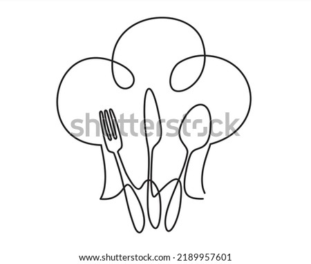 One single line drawing of chef hat or cap with fork, spoon and knife for restaurant vector graphic illustration. Elegant cafe badge concept. Modern continuous line draw design street food logotype