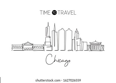 One single line drawing of Chicago city skyline, United States. Historical town landscape in the world. Best holiday destination. Editable stroke trendy continuous line draw design vector illustration