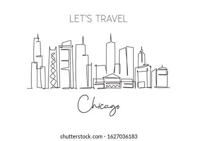 One single line drawing of Chicago city skyline, United States. Historical town landscape in the world. Best holiday destination. Editable stroke trendy continuous line draw design vector illustration