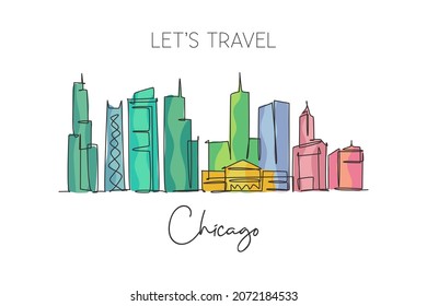 One single line drawing of Chicago city skyline, United States. Historical town landscape in the world. Best holiday destination. Editable stroke trendy continuous line draw design vector illustration