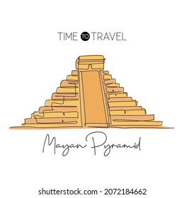One single line drawing Chichen Itza landmark. World famous place in Yucatan, Mexico. Tourism travel postcard wall decor poster print concept. Modern continuous line draw design vector illustration