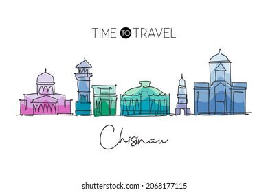 One single line drawing of Chisinau city skyline, Moldova. Historical town landscape in world. Best holiday destination poster. Editable stroke trendy continuous line draw design vector illustration