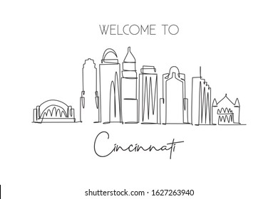 One single line drawing of Cincinnati city skyline, Ohio. Historical town landscape. Best holiday destination home wall decor art poster print. Trendy continuous line draw design vector illustration