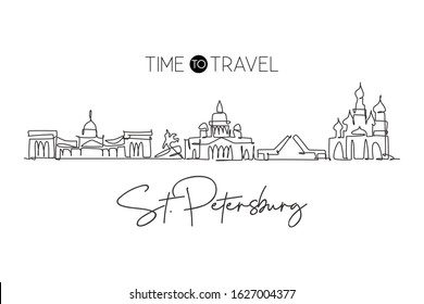 One single line drawing of city St. Petersburg skyline, Russia. Historical town landscape in world. Best holiday destination wall decor poster. Trendy continuous line draw design vector illustration