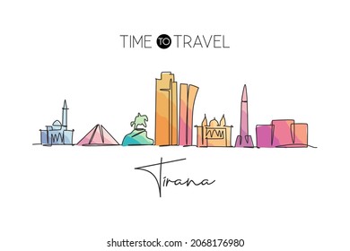 One single line drawing of city Tirana skyline, Albania. Historical town landscape in the world. Best holiday destination poster. Editable stroke trendy continuous line draw design vector illustration