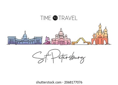 One single line drawing of city St. Petersburg skyline, Russia. Historical town landscape in world. Best holiday destination wall decor poster. Trendy continuous line draw design vector illustration