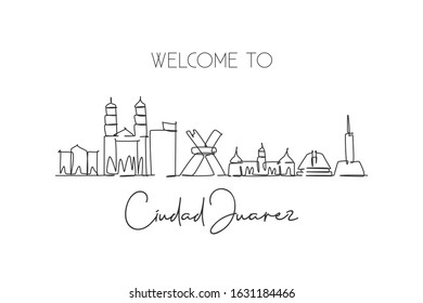 One single line drawing Ciudad Juárez city skyline, Mexico. World historical town landscape. Best holiday destination postcard. Editable stroke trendy continuous line draw design vector illustration