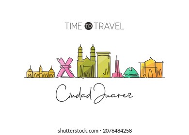 One single line drawing Ciudad Juarez city skyline, Mexico. World historical town landscape. Best holiday destination postcard. Editable stroke trendy continuous line draw design vector illustration