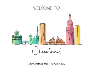 One single line drawing of Cleveland city skyline, USA. Historical town landscape in world. Best holiday destination wall decor poster print art. Trendy continuous line draw design vector illustration