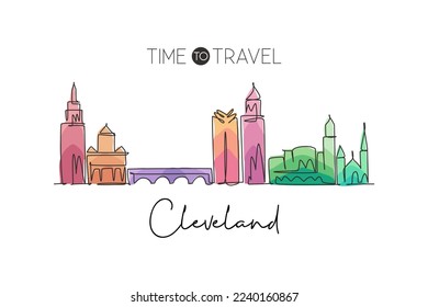 One single line drawing of Cleveland city skyline, Ohio. Historical town landscape in world. Best holiday destination wall decor. Editable stroke trendy continuous line draw design vector illustration