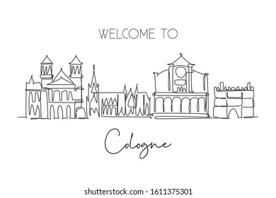 One single line drawing of Cologne city skyline. Historical city skyscraper landscape. Best destination holiday vacation home decor wall poster concept. Continuous line draw design vector illustration