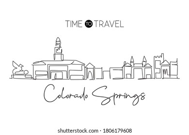 One single line drawing of Colorado Springs city skyline, USA. Town landscape for home wall decor poster. Best holiday destination. Trendy continuous line draw graphic design vector illustration