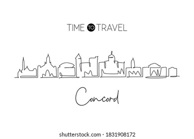 One single line drawing Concord city skyline, New Hampshire. World historical town landscape. Best holiday destination postcard. Editable stroke trendy continuous line draw design vector illustration