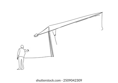 One single line drawing of 
 Construction Tower Crane.  Young construction manager do short brief to builder coordinator. Building architecture business concept. 