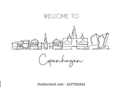 One single line drawing Copenhagen city skyline, Denmark. Historical town landscape in world. Best holiday destination wall decor poster print. Trendy continuous line draw design vector illustration