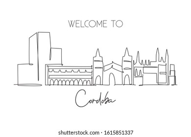 One single line drawing of Cordoba city skyline, Spain. Historical skyscraper landscape in world postcard. Best holiday destination wall decor poster. Continuous line draw design vector illustration