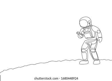 One single line drawing of cosmonaut  in moon surface make a call to family in earth with smartphone vector illustration. Astronaut business office with outerspace concept. Continuous line draw design