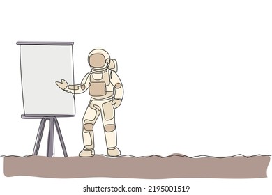 One single line drawing cosmonaut giving business strategy presentation at meeting graphic vector illustration. Astronaut business office with outer space concept. Modern continuous line draw design