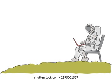 One Single Line Drawing Of Cosmonaut Sitting On Chair While Typing In Moon Surface Graphic Vector Illustration. Astronaut Business Office With Outer Space Concept. Modern Continuous Line Draw Design