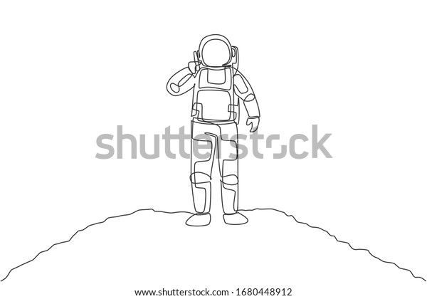 One single line drawing of cosmonaut calling his\
partner using smartphone in moon surface vector illustration.\
Astronaut business office with outer space concept. Modern\
continuous line draw\
design