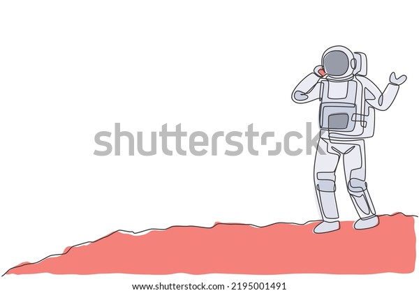 One single line drawing of cosmonaut make a call\
to partner using smartphone in moon surface vector illustration.\
Astronaut business office with outer space concept. Modern\
continuous line draw\
design