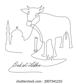 Un dibujo de una sola línea de vaca. Fiesta musulmana animal de sacrificio como cabra u oveja, camello y vaca, tarjeta de saludo Eid al Adha concepto línea de dibujo continuo ilustración de diseño.