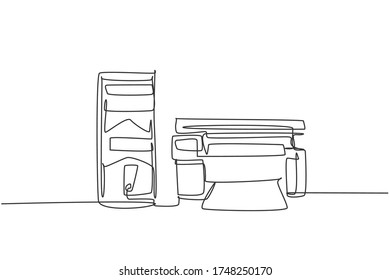 Un dibujo de una sola línea de computadora e impresora cpu para apoyar el negocio en la empresa. Concepto de herramientas de equipo para pequeñas oficinas de electricidad. Ilustración dinámica del vector de dibujo de línea continua