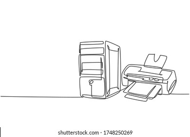 One single line drawing of cpu computer with inkjet printer for small home office. Electricity business equipment tools concept. Dynamic continuous line graphic draw vector design illustration