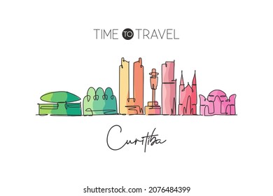 One single line drawing Curitiba city skyline, Brazil. World historical town landscape postcard. Best holiday place destination. Editable stroke trendy continuous line draw design vector illustration