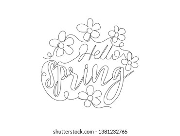 One single line drawing of cute and beauty typography quote - Hello Spring. Calligraphic design for print, label, greeting card, banner, poster. Continuous line draw design vector graphic illustration