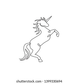 One single line drawing of cute jumping unicorn with horn for creative studio logo identity. Beautiful fairy animal creature mythology concept. Modern continuous line draw design vector illustration