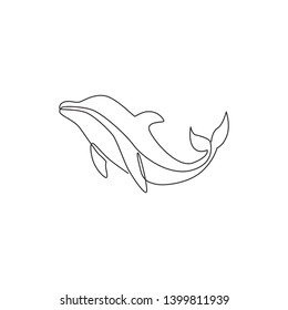 One single line drawing of cute beautiful dolphin for company logo identity. Funny beauty mammal animal mascot concept for circus icon. Modern continuous line draw vector graphic design illustration