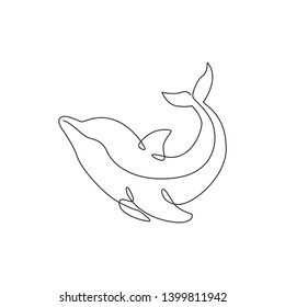 One single line drawing of cute beauty dolphin for company logo identity. Funny beautiful mammal animal mascot concept for circus icon. Dynamic continuous line draw graphic design vector illustration