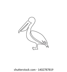 One single line drawing of cute pelican for company business logo identity. Big bird mascot concept for expedition corporation. Modern continuous line draw vector graphic design illustration