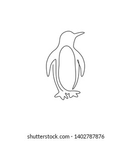 One single line drawing of cute funny penguin for company business logo identity. North pole bird mascot concept for national zoo park. Trendy continuous line vector draw graphic design illustration