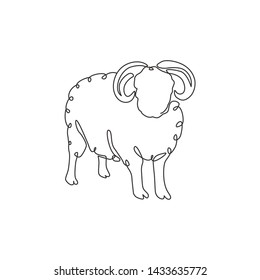 One single line drawing of cute funny sheep for stock breeding logo identity. Lamb mascot emblem concept for animal husbandry icon. Modern continuous line graphic draw design vector illustration