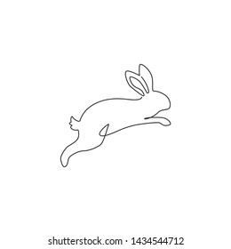 One Single Line Drawing Of Cute Jumping Rabbit For Brand Business Logo Identity. Adorable Bunny Animal Mascot Concept For Breeding Farm Icon. Continuous Line Graphic Draw Design Vector Illustration