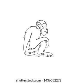 One single line drawing of cute sitting chimpanzee for company business logo identity. Adorable primate chimp animal mascot concept for corporate icon. Continuous line draw design vector illustration