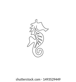 One single line drawing of cute sea horse for aquatic logo identity. Sea monster animal mascot concept for national zoo icon. Modern continuous line draw design vector illustration