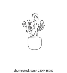 One single line drawing cute potted tropical prickly cactus plant. Printable decorative houseplant concept for home wall decor ornament. Modern continuous line graphic draw design vector illustration
