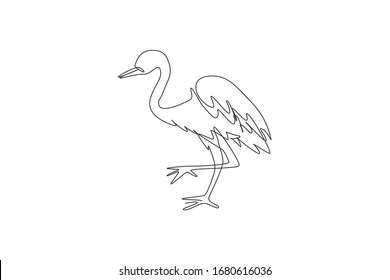 One single line drawing of cute heron bird vector illustration. Protected species national park conservation. Safari zoo concept. Modern continuous line graphic draw design