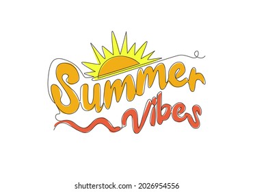 One single line drawing of cute motivational and inspirational typography quote - Summer Vibes. Calligraphic design for print, card, banner, poster. Continuous line draw design vector illustration