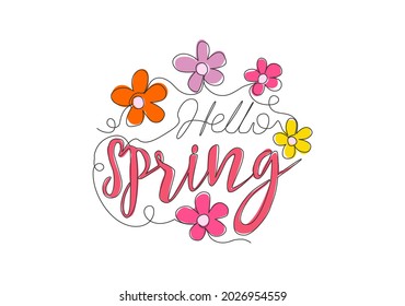 Eine einzige Linie Zeichnung von süß und Schönheitstypografie Zitat - Hallo Frühling. Kalligrafisches Design für Druck, Label, Grußkarte, Banner, Poster. Design für kontinuierliche Zeilenzeichnung, Vektorgrafik