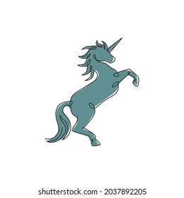 One single line drawing of cute jumping unicorn with horn for creative studio logo identity. Beautiful fairy animal creature mythology concept. Modern continuous line draw design vector illustration