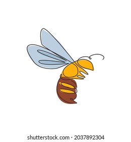 One single line drawing of cute bee for company logo identity. Honeybee farm icon concept from wasp animal shape. Modern continuous line draw graphic design vector illustration